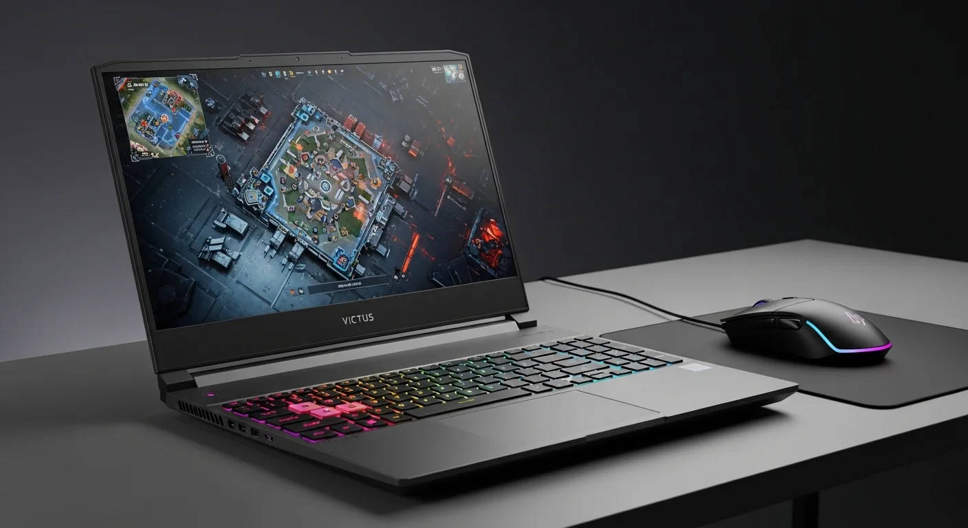Una laptop gamer HP Victus abierta mostrando su teclado retroiluminado y un juego en pantalla, sobre un escritorio con un mouse gamer.