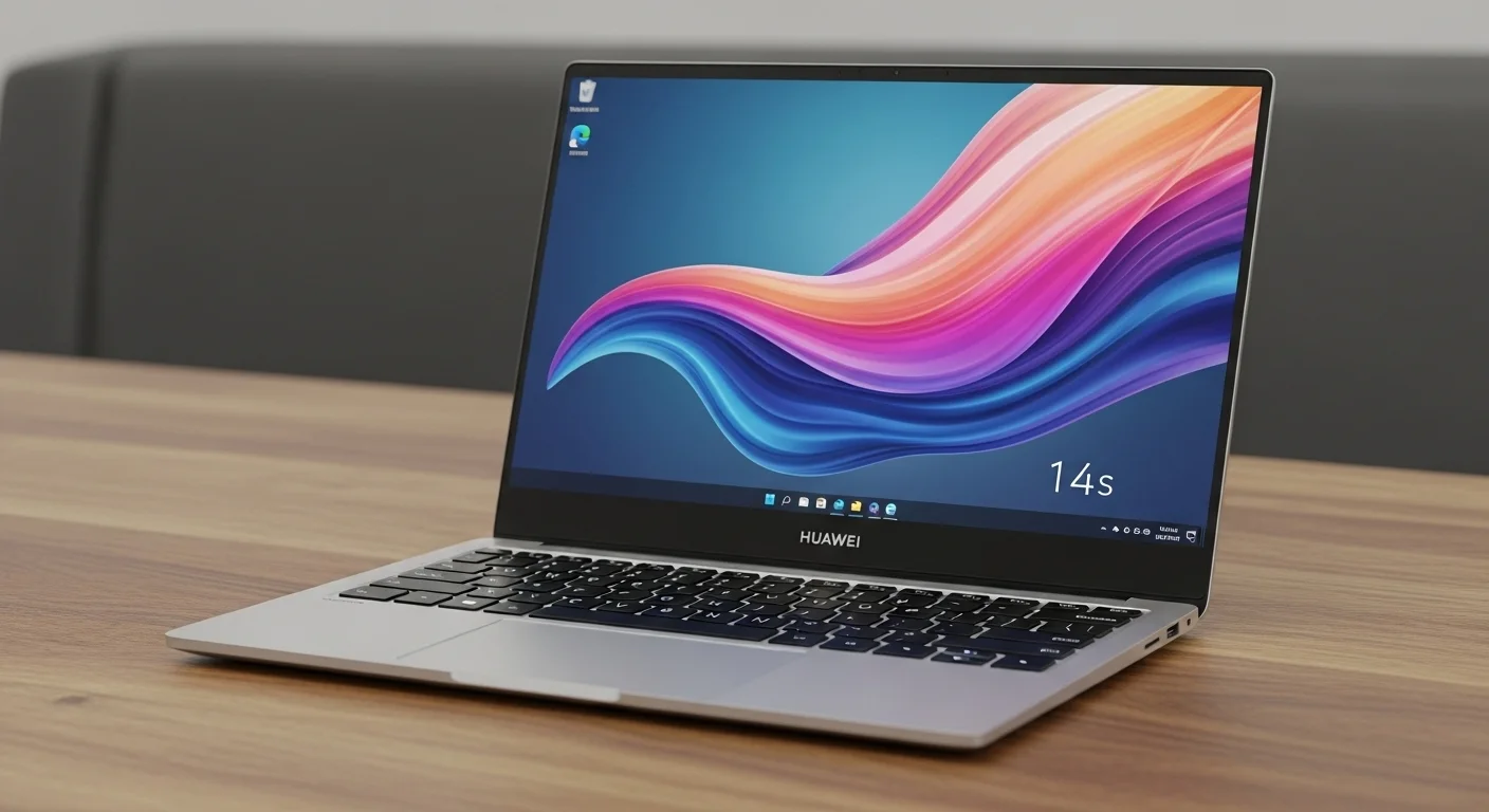 Laptop Huawei 14s mostrando su pantalla brillante y diseño de aluminio premium sobre una mesa de madera.