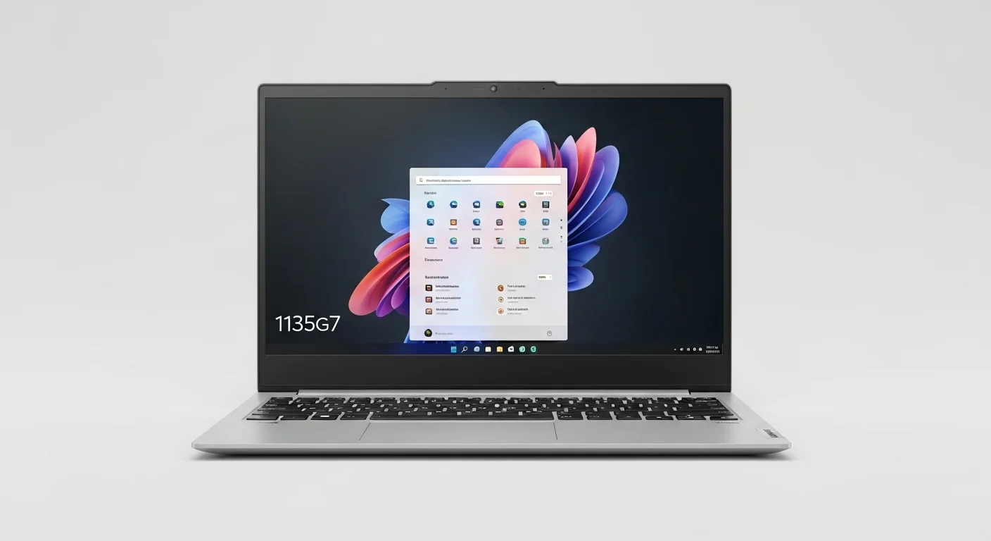 Primer plano de una laptop Lenovo i5 con el procesador 1135g7, destacando su diseño delgado y moderno para profesionales y estudiantes.
