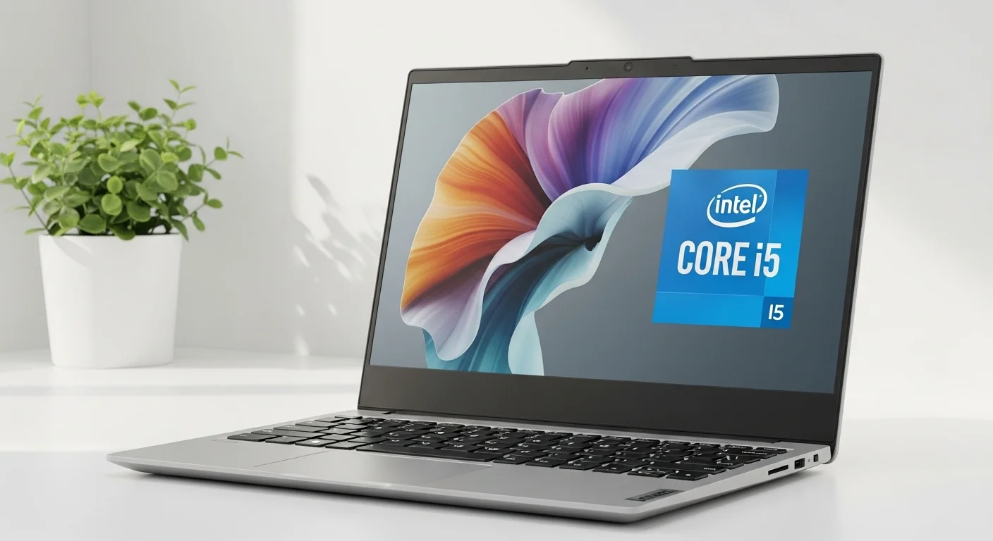 Primer plano de una laptop Lenovo IdeaPad 3 con el logotipo de Intel Core i5 visible, mostrando su diseño delgado y moderno para estudiantes y profesionales.