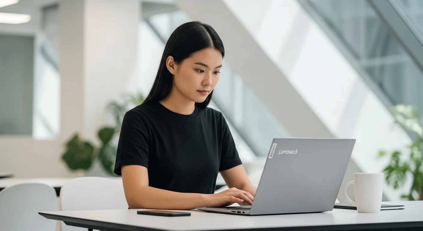Una persona trabajando en una laptop Lenovo IdeaPad 5 sobre un escritorio moderno.