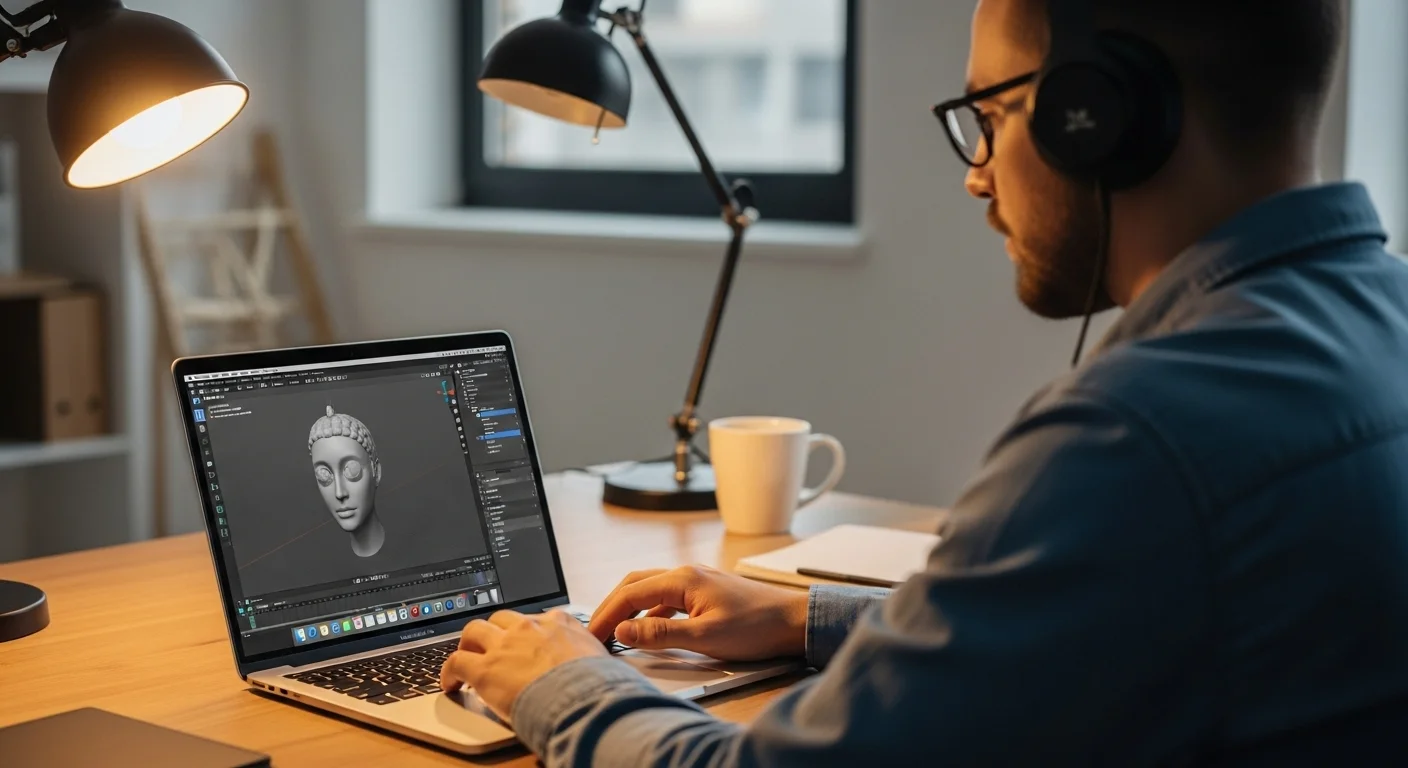Un desarrollador usando Blender en una laptop MacBook Pro, mostrando la eficiencia de Blender Mac en el ecosistema Apple.