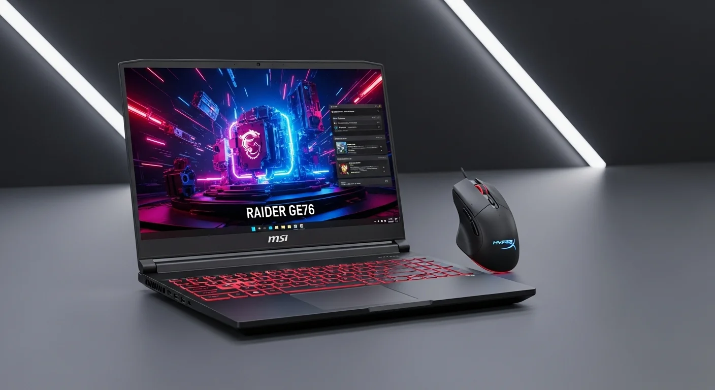 Laptop para gaming MSI Raider GE76 mostrando una interfaz gráfica junto a un mouse HyperX Pulsefire Raid, simbolizando un ecosistema de alto rendimiento.