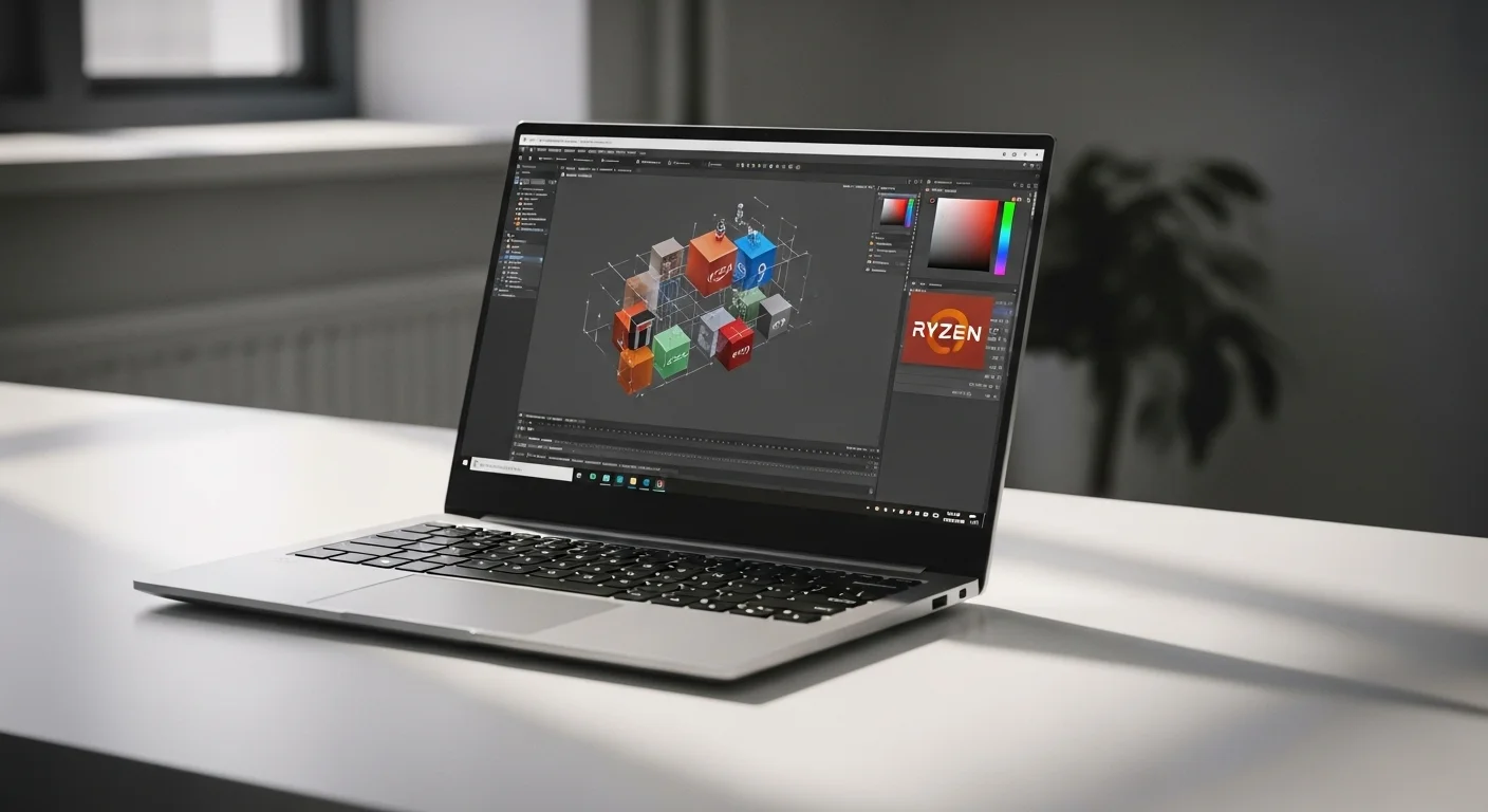Una laptop delgada y moderna con un procesador Ryzen 9, abierta sobre un escritorio de trabajo, mostrando una interfaz de software de diseño gráfico.