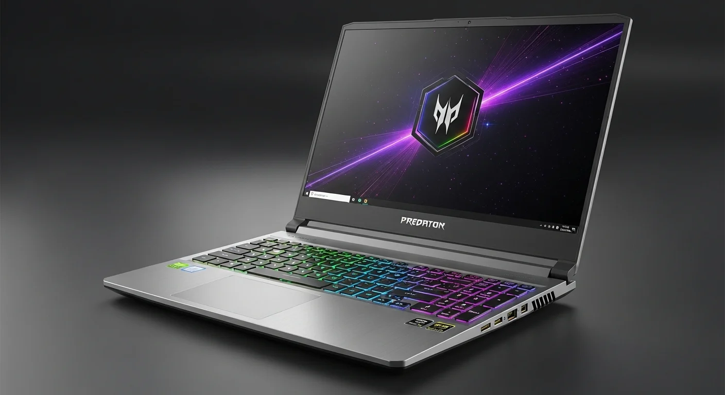 Vista detallada de la laptop Acer Predator Triton 500 SE abierta, mostrando su teclado retroiluminado y su elegante chasis de aluminio, símbolo de potencia y portabilidad.