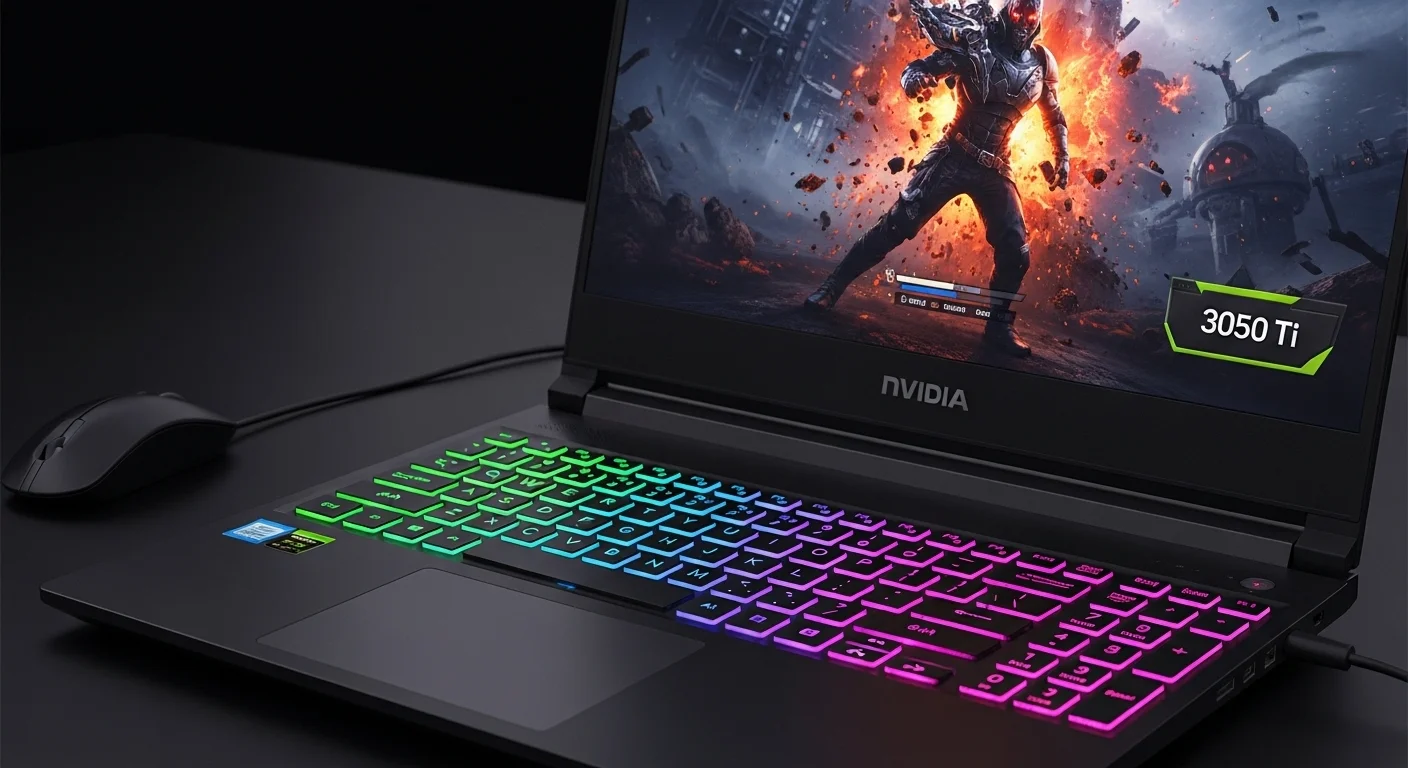 Primer plano de una laptop 3050 Ti laptop con el teclado retroiluminado en RGB, corriendo un videojuego de alta demanda gráfica.