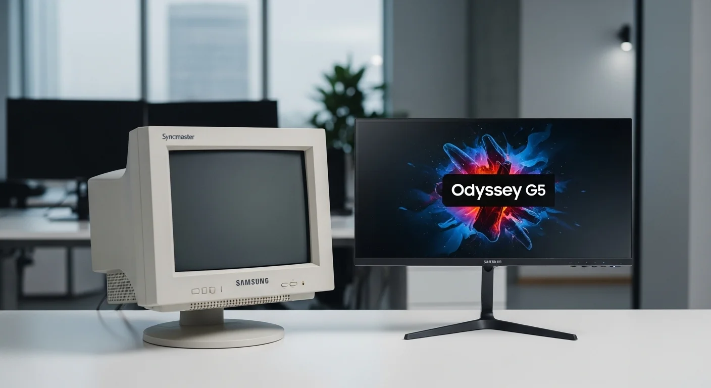 Un monitor clásico Samsung Syncmaster junto a un moderno monitor Samsung, mostrando la evolución de la tecnología en un entorno de oficina con computadoras.