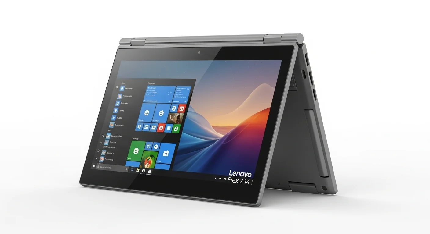 Una computadora portátil convertible Lenovo Flex 2 14 en modo stand, mostrando su pantalla táctil y su bisagra flexible.