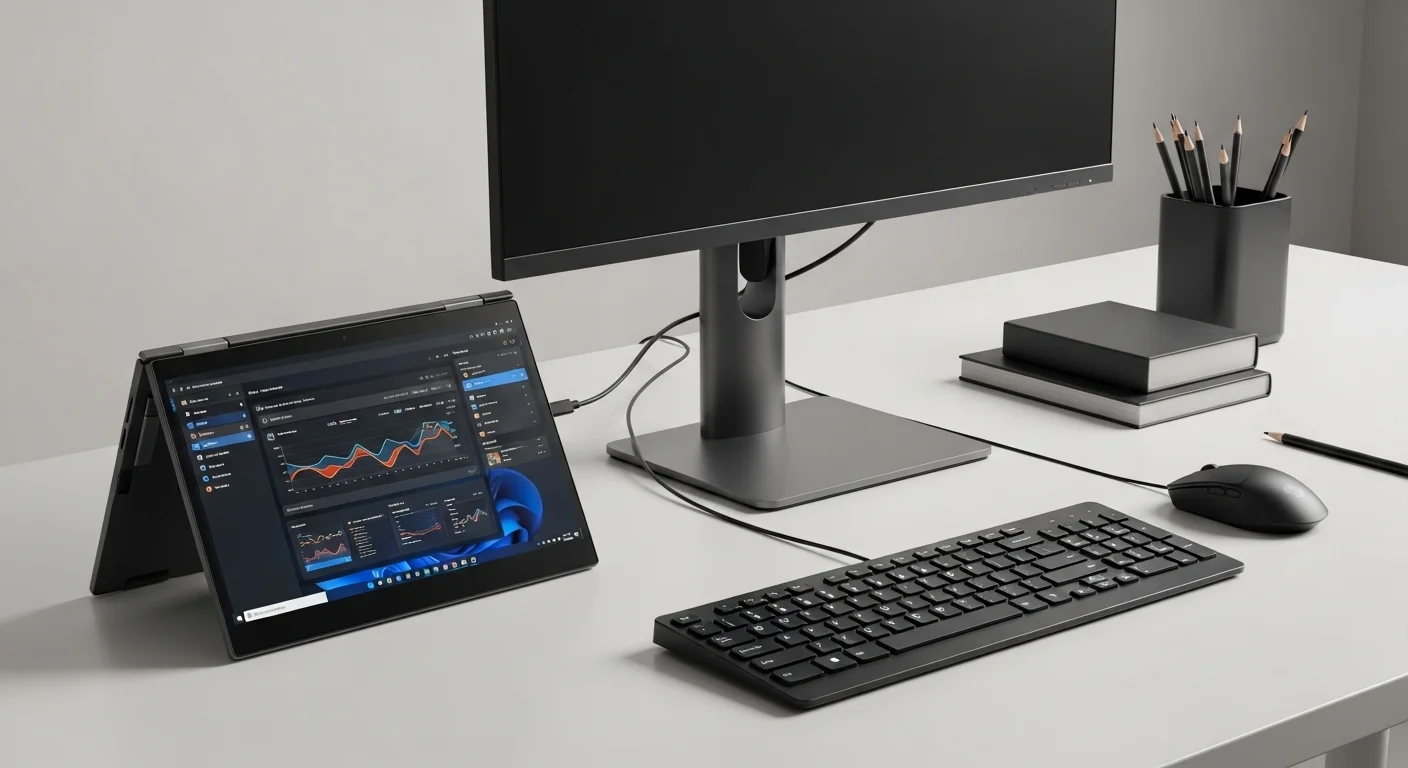 Un setup de trabajo con una computadora Lenovo Flex 5 conectada a un monitor externo, teclado y ratón, destacando su conectividad.