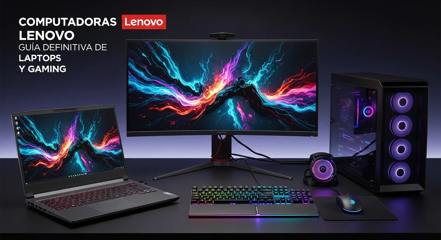 Un completo setup de Lenovo Gaming con una laptop Legion de alto rendimiento, un monitor curvo y periféricos con iluminación RGB.