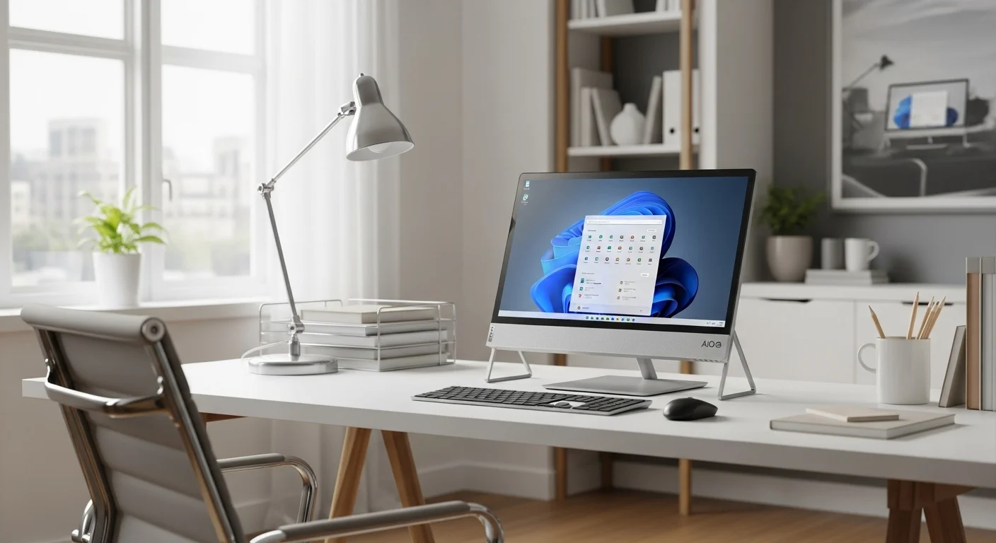 Un setup de oficina en casa con una computadora Lenovo Ideacentre AIO 3, mostrando su tamaño compacto y la organización sin cables.