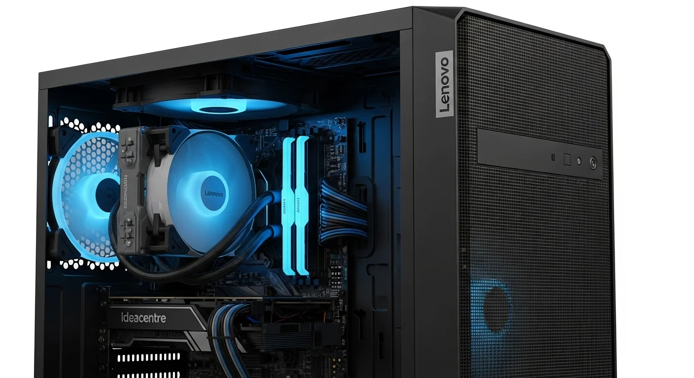 Primer plano de una computadora Lenovo Ideacentre Gaming 5i mostrando su diseño con iluminación LED azul y su potente hardware interno.