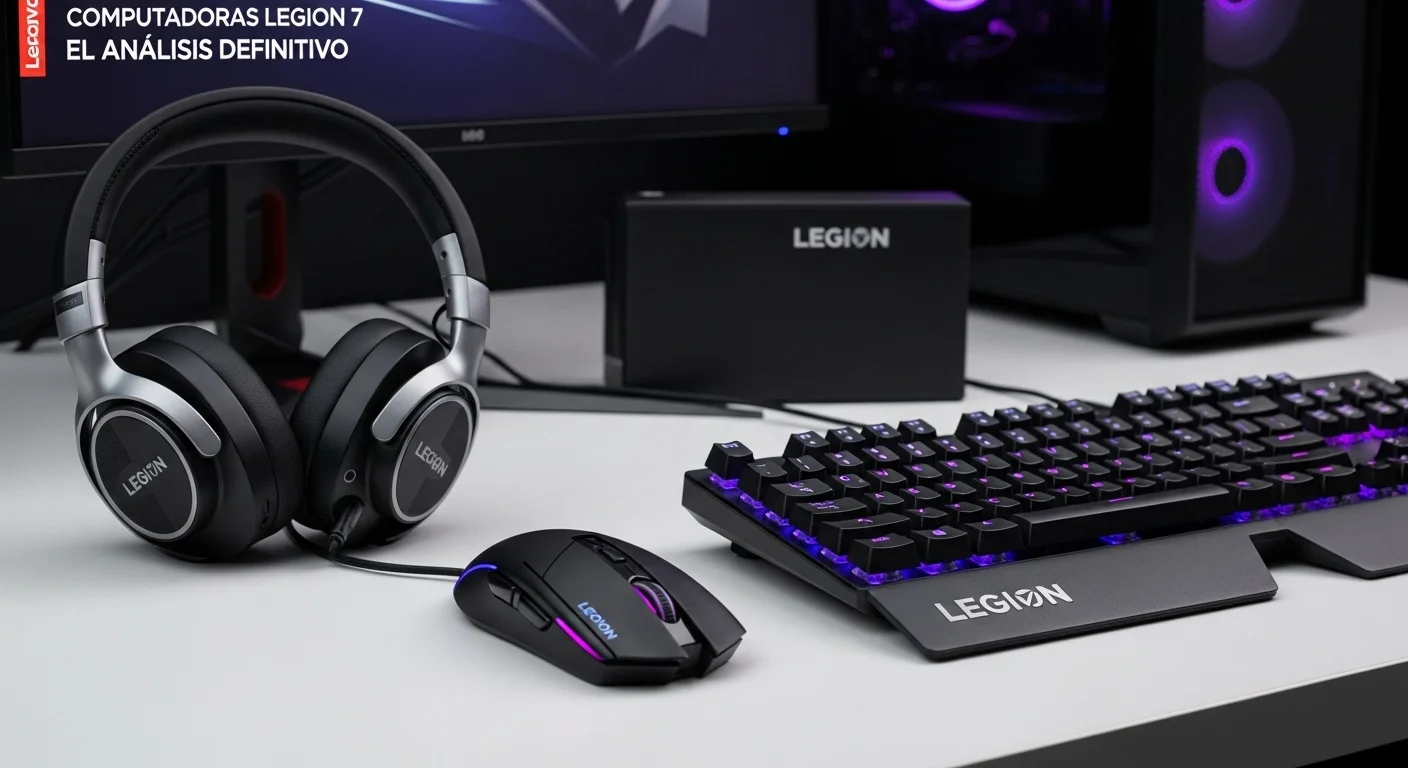 Un set de accesorios de computadora Lenovo Legion, incluyendo auriculares, ratón y teclado, destacando el ecosistema tecnológico.