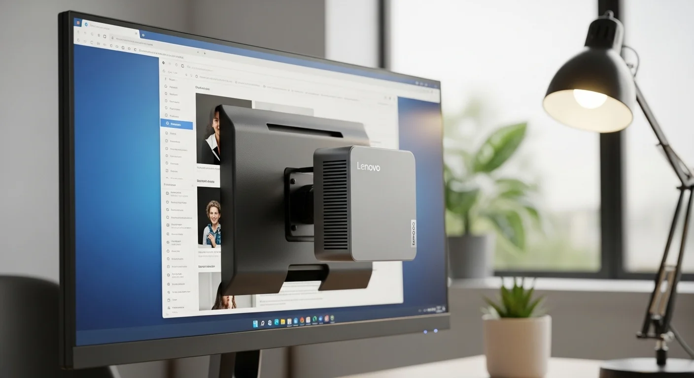 Un mini pc lenovo i5 montado en la parte trasera de un monitor con un soporte VESA, ilustrando la optimización del espacio en un entorno de oficina.