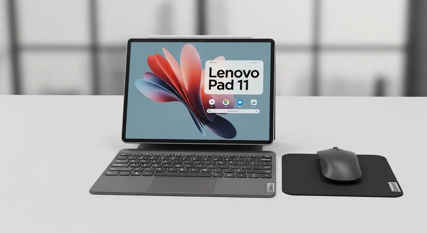 Tableta Lenovo Pad 11 junto a un pad para teclado y un maus pad, mostrando la versatilidad de los pads en entornos de computadoras.