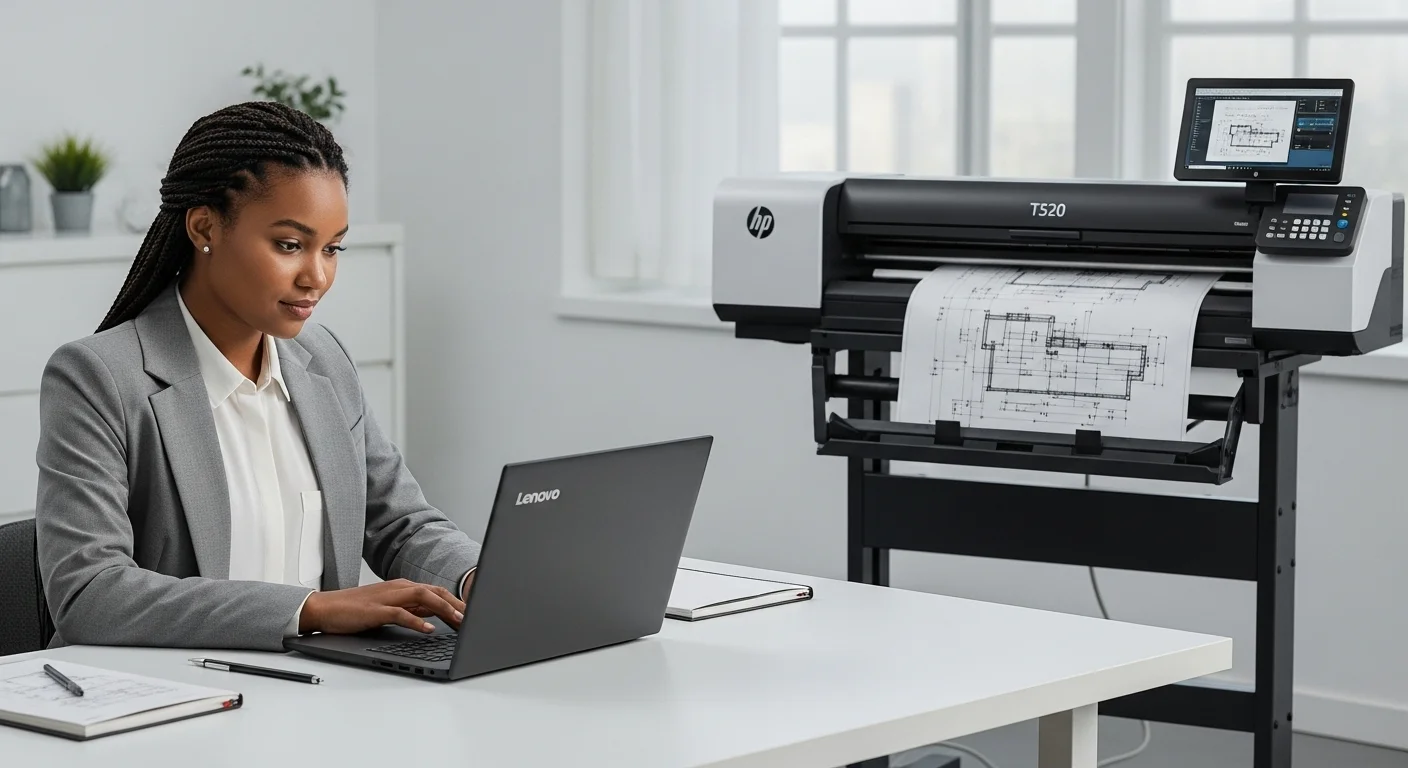 Un profesional trabajando en una laptop Lenovo T520 con un plotter HP T520 imprimiendo un plano en el fondo, demostrando el flujo de trabajo tecnológico.