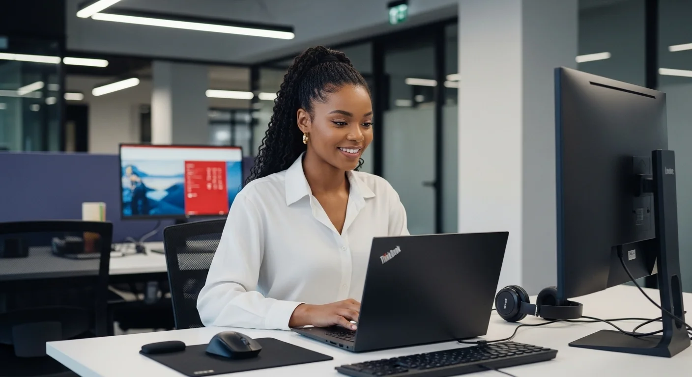 Un profesional trabajando en un entorno de oficina moderno con una computadora portátil Lenovo ThinkBook 15 G3 y accesorios tecnológicos.
