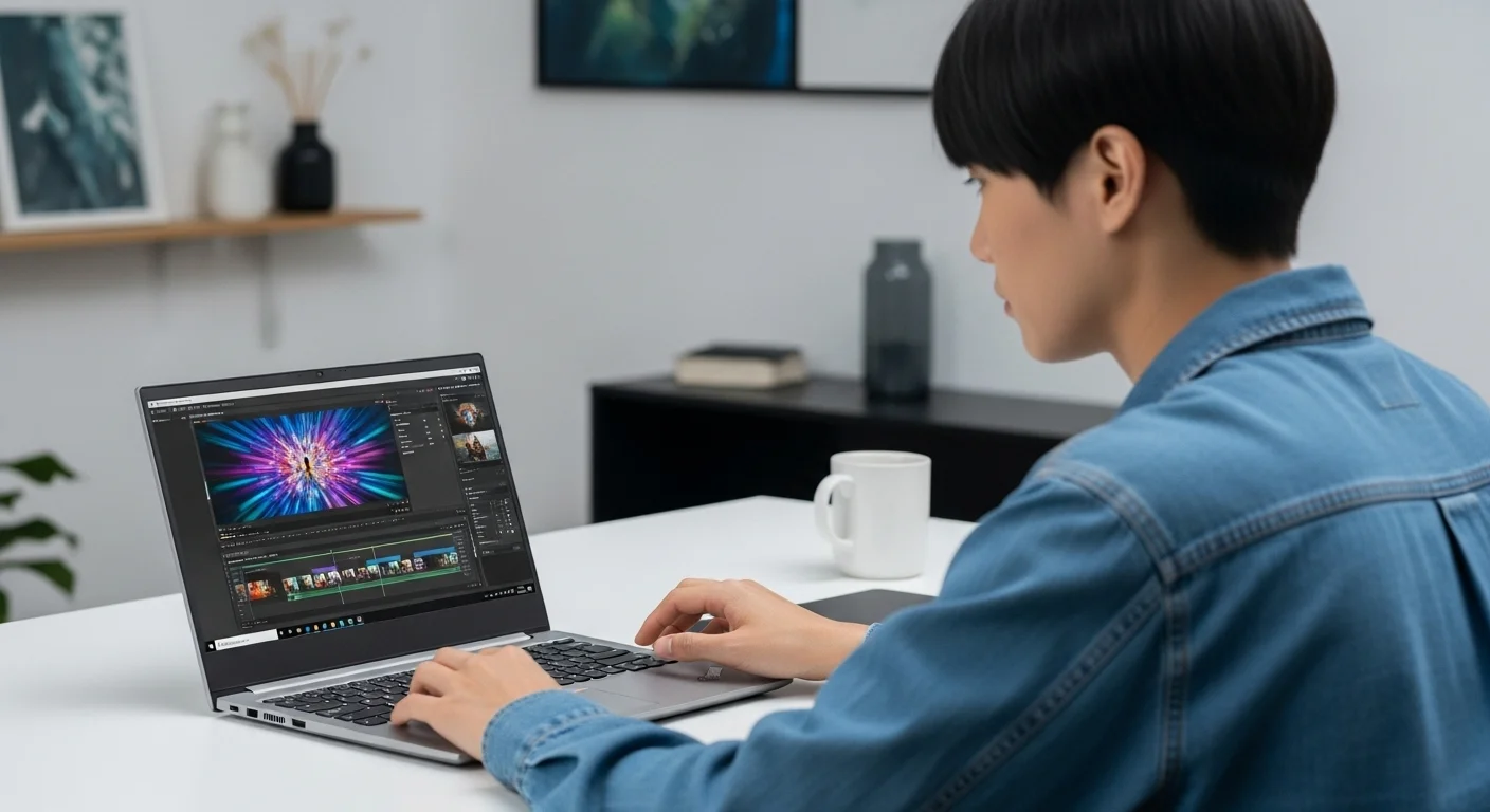 Un creador de contenido editando video en una computadora lenovo thinkbook 16p, destacando la calidad de su pantalla a color.