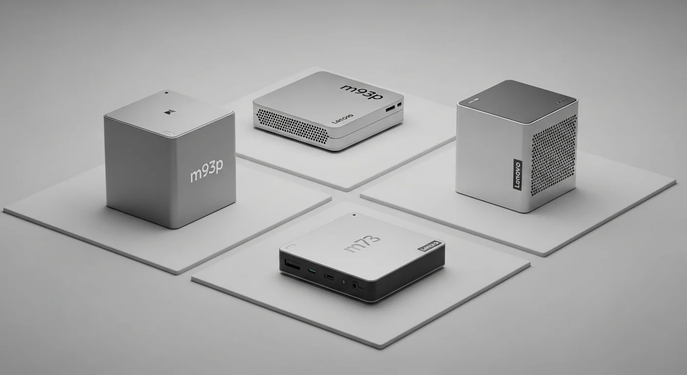 Varias generaciones de computadoras Lenovo Tiny, incluyendo el m93p y el m73, mostrando la evolución del diseño compacto y la tecnología.