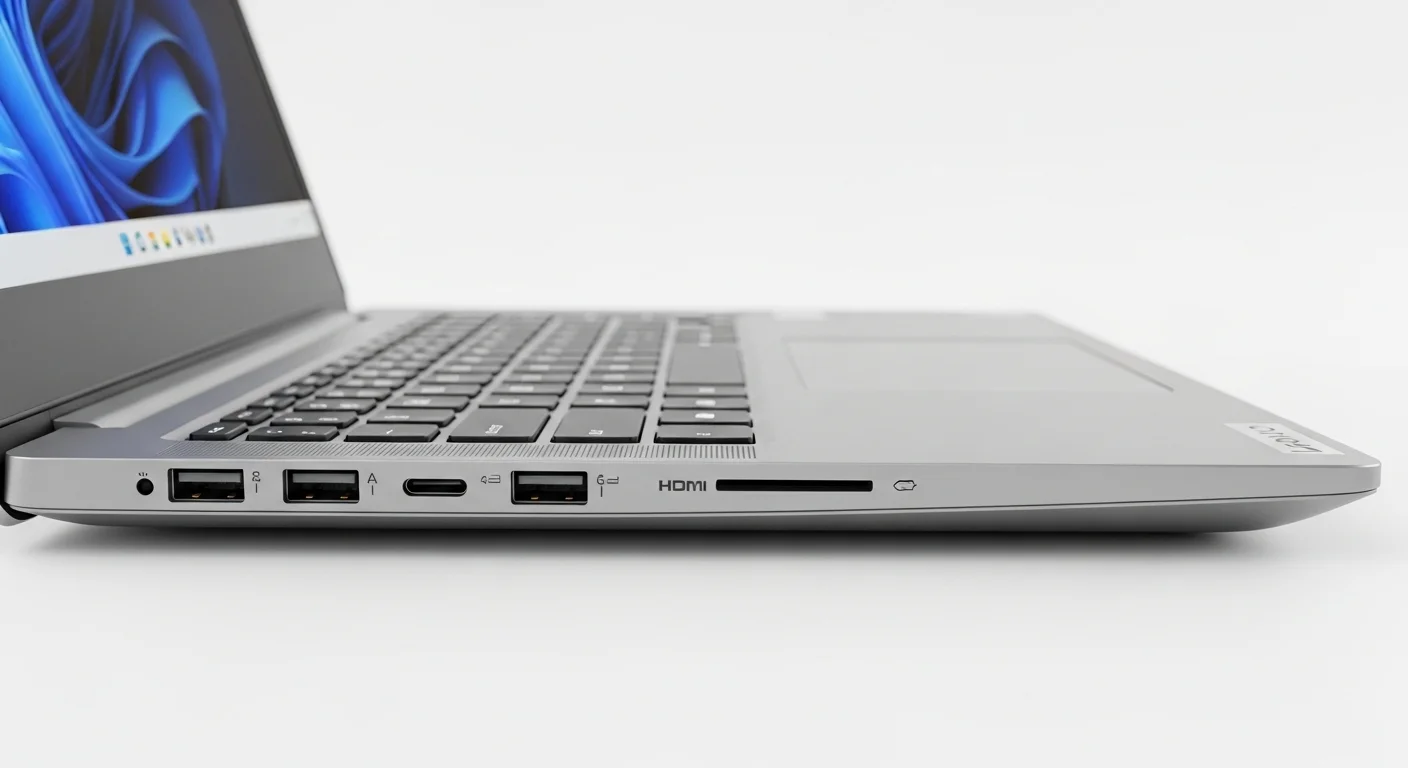 Vista lateral de una computadora Lenovo V14 Gen 2 destacando su variedad de puertos de conectividad, incluyendo USB-A, USB-C, HDMI y lector de tarjetas.