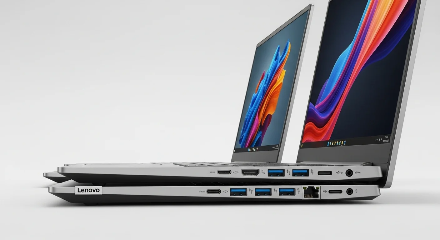 Vista lateral de las computadoras Lenovo V15 G2 ITL y ALC mostrando su versátil selección de puertos, incluyendo USB-C, HDMI y Ethernet.