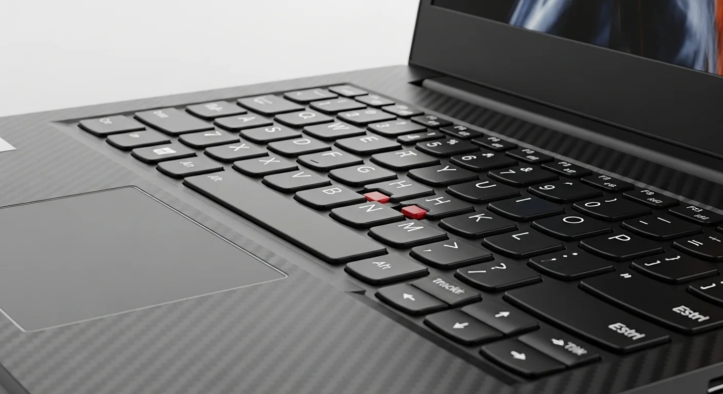 Un primer plano del teclado de un Lenovo X1 Carbon, destacando el icónico TrackPoint rojo y la textura de fibra de carbono del chasis.
