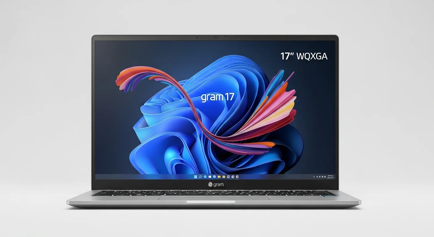 Primer plano de la pantalla WQXGA de un LG Gram 17 mostrando una imagen vibrante y nítida, con los delgados biseles visibles.