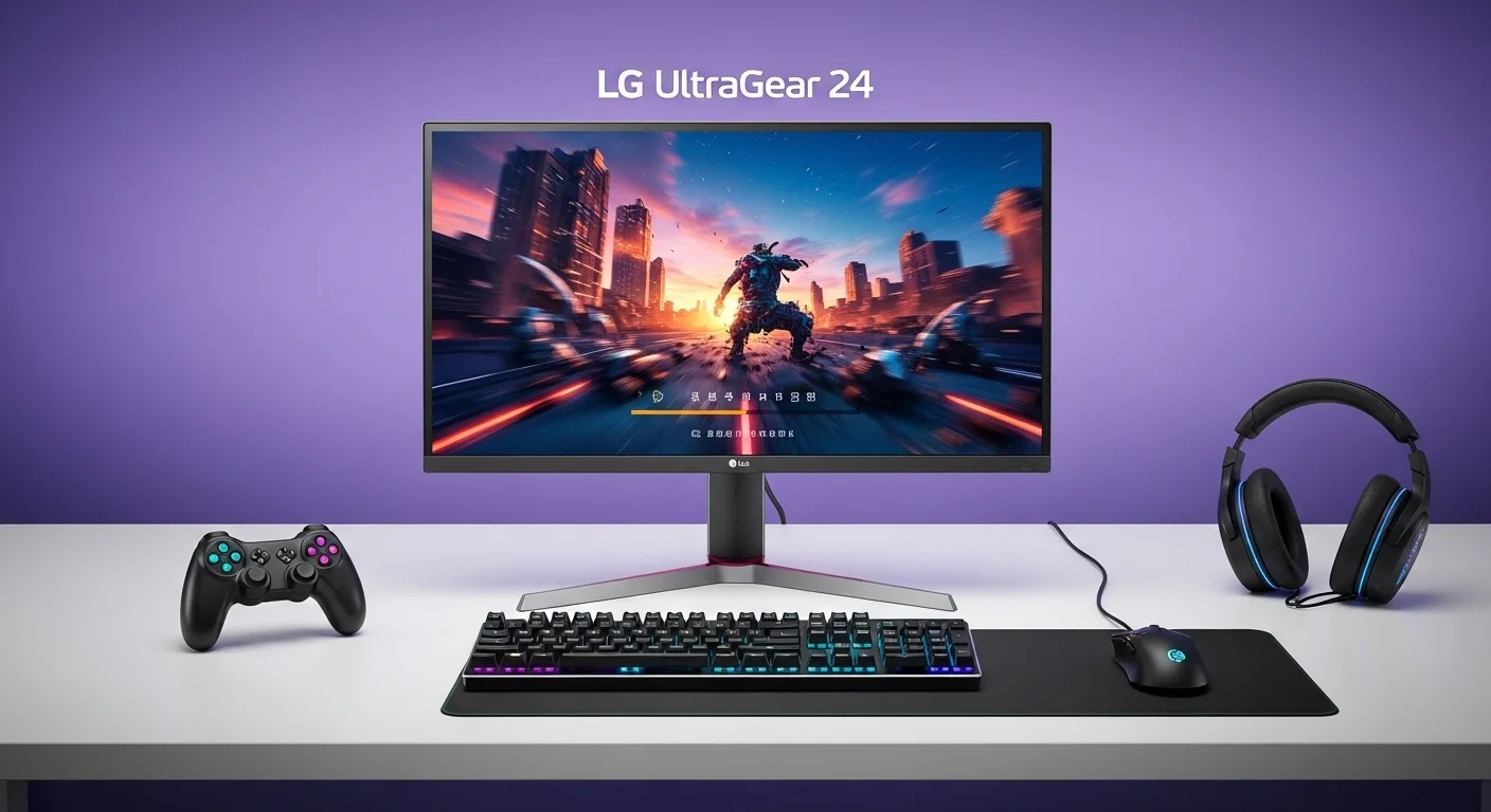 Setup de gaming con un monitor Lg ultragear 24 como pieza central, destacando sus capacidades para videojuegos y computadoras de alto rendimiento.
