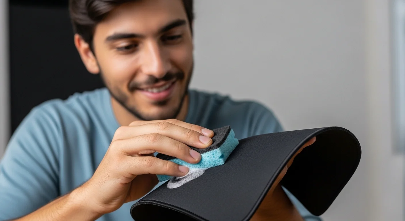 Primer plano de una persona limpiando cuidadosamente un mouse pad de tela con una esponja suave, demostrando el mantenimiento adecuado para accesorios de computadoras.