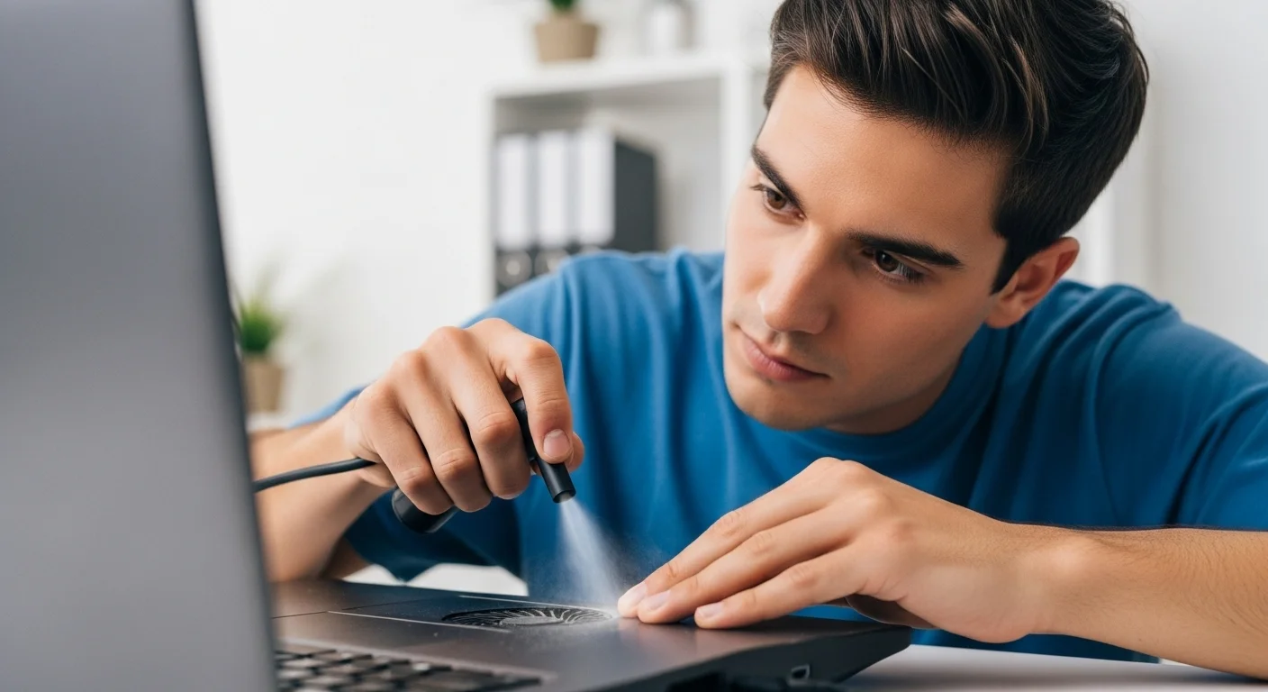 Una persona utilizando aire comprimido para limpiar un ventilador de laptop lleno de polvo, mostrando el mantenimiento de accesorios de computadoras.