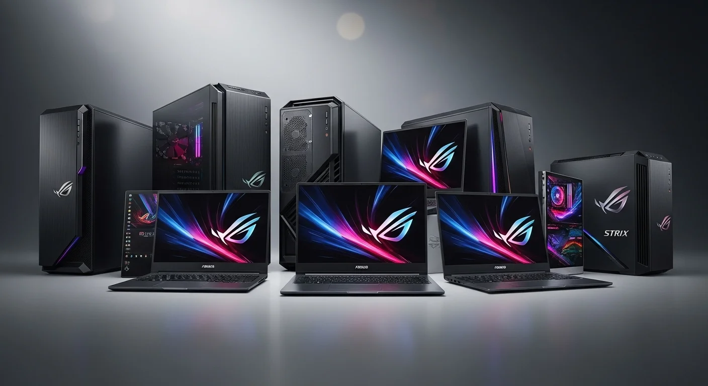 Varios modelos de computadoras y laptops Asus Strix exhibidos, destacando la variedad de la línea y su enfoque en la tecnología para gamers y profesionales