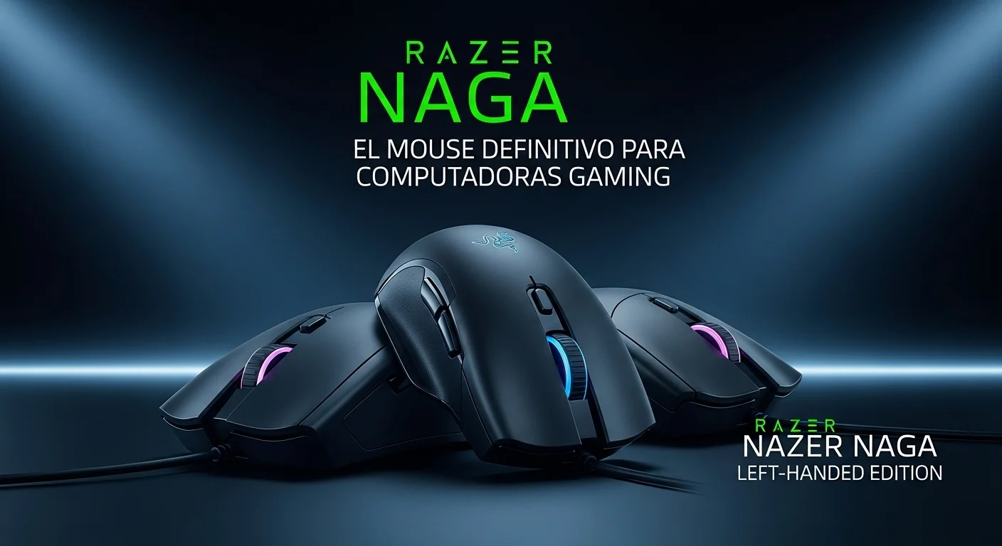 Una composición mostrando el Razer Naga X, Razer Naga V2, y el Razer Naga Left-Handed Edition para ilustrar la variedad para computadoras.
