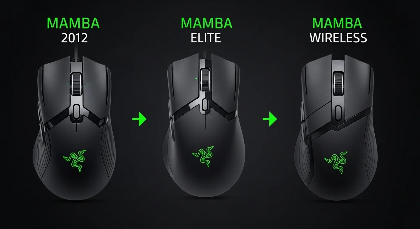 Imagen comparativa mostrando la evolución del diseño desde el Razer Mamba 2012, pasando por el Mamba Elite, hasta el Mamba Wireless, ilustrando los cambios en tecnología para computadoras.