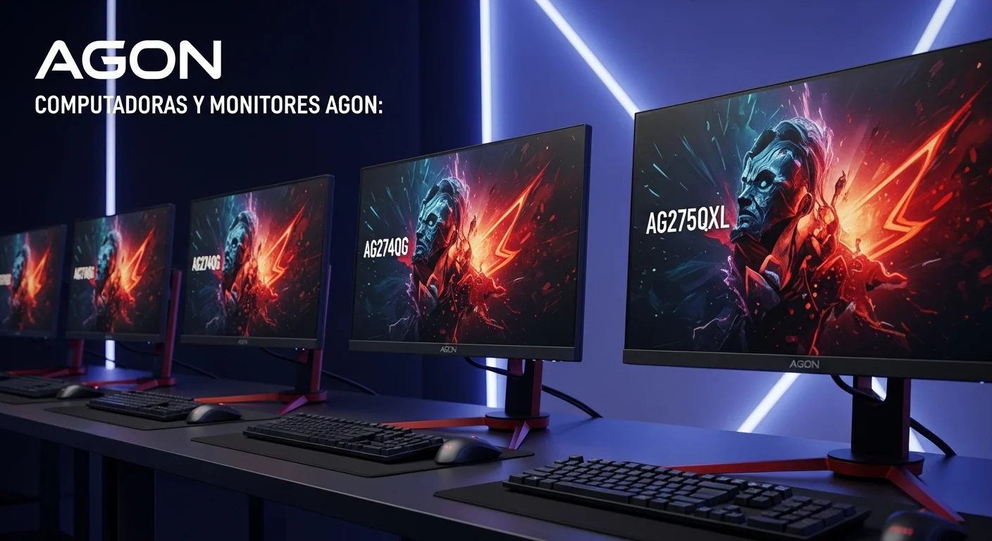 Una fila de varios monitores Agon, incluyendo el AG274QG y el AG275QXL, preparados para un torneo de computadoras eSports.