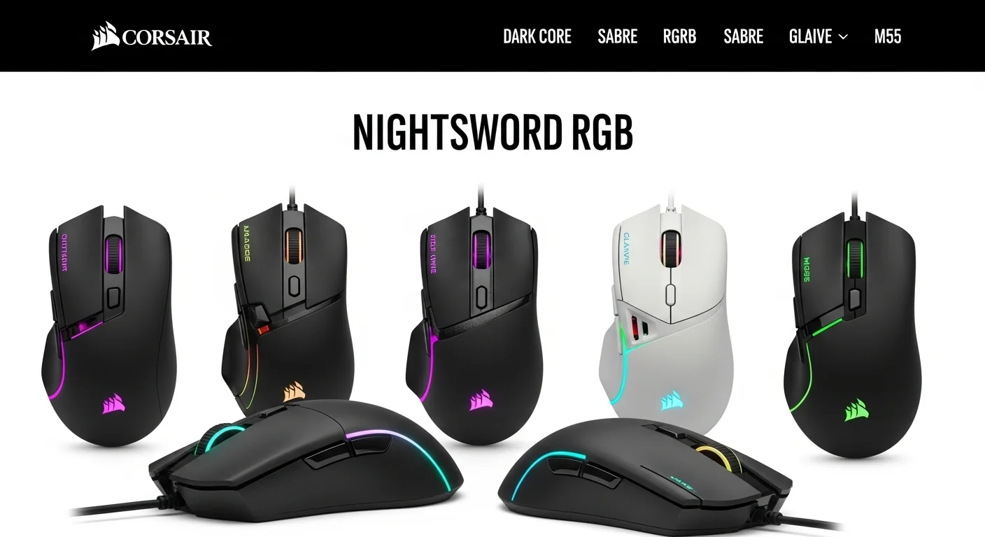 Una fila de ratones Corsair RGB, incluyendo el Nightsword, Dark Core, Sabre, Glaive y M55, mostrando su diversidad de diseños y luces.