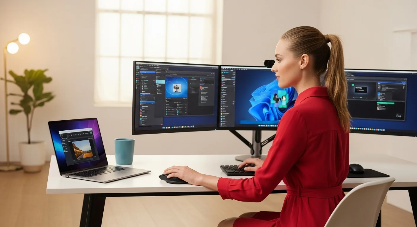 Una persona utilizando la función Logitech Flow del mouse Logitech Anywhere 3 para controlar de forma fluida una laptop y una computadora de escritorio con múltiples pantallas, demostrando la versatilidad del accesorio.