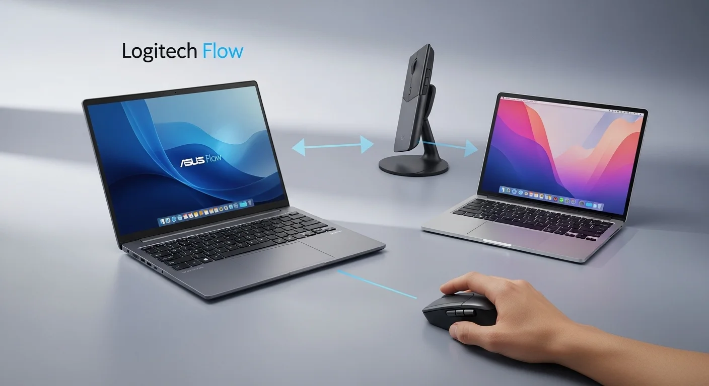 Ilustración del flujo de trabajo de Logitech Flow, mostrando un ratón controlando una computadora Asus Flow y un MacBook simultáneamente.