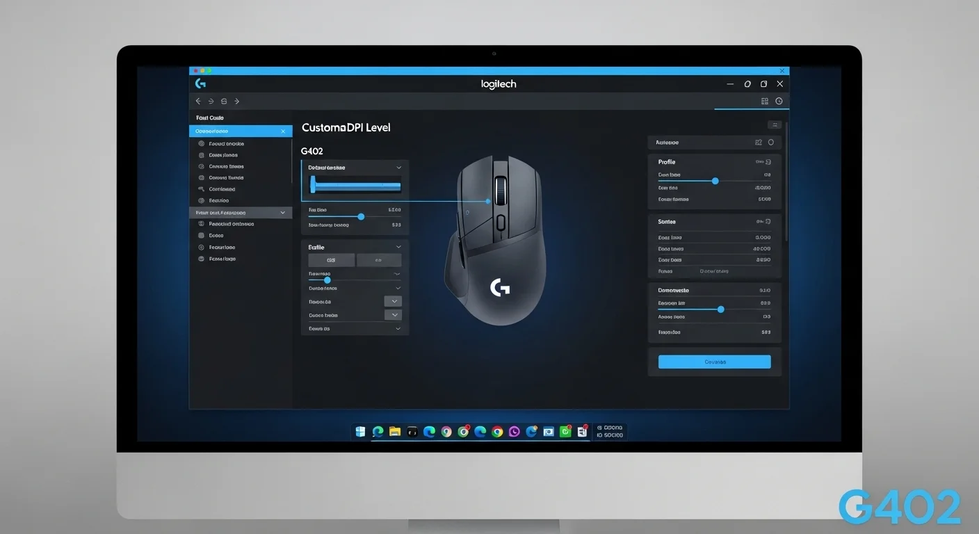 Captura de pantalla del software Logitech G HUB mostrando las opciones de personalización de DPI y botones para el mouse g402 en computadoras.