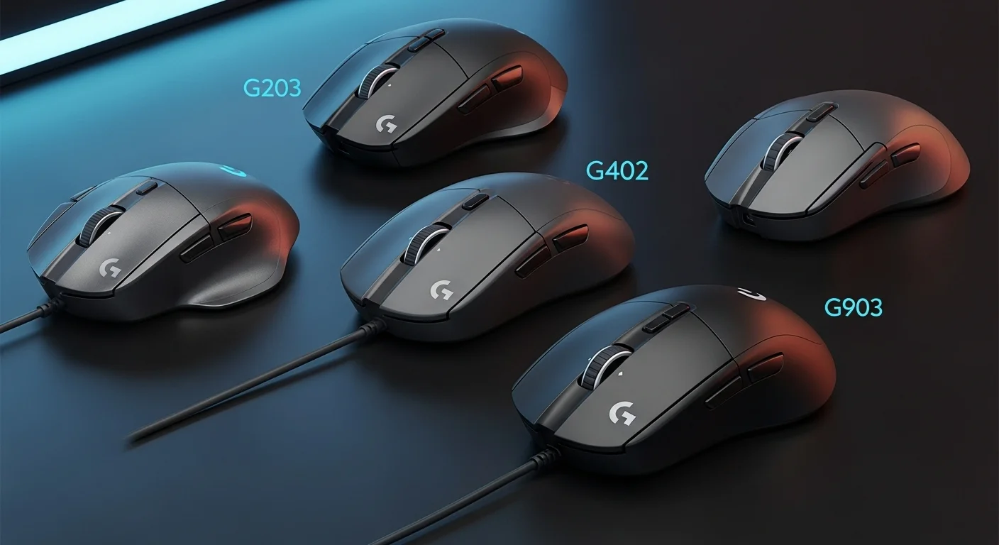 Colección de mouses Logitech G, incluyendo los modelos g203, g402 y g903, sobre una superficie tecnológica