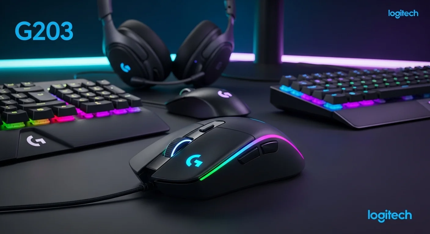 Varios periféricos Logitech G, incluyendo un mouse Logitech G203, un teclado y auriculares, todos con iluminación RGB sincronizada, representando el ecosistema de computadoras Logitech.