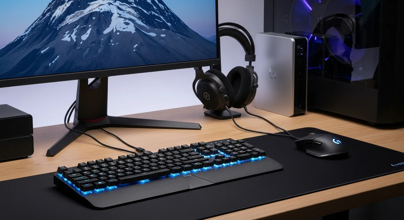 Escritorio de trabajo con diversos accesorios de tecnología y computadoras, incluyendo el ratón Logitech G403 y un teclado iluminado