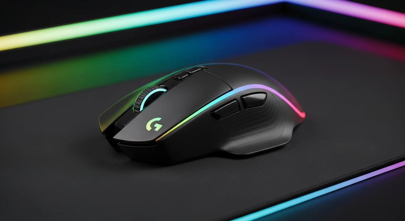 Primer plano del mouse logitech g g502 x plus lightspeed mostrando su iluminación RGB y diseño ergonómico sobre una alfombrilla.