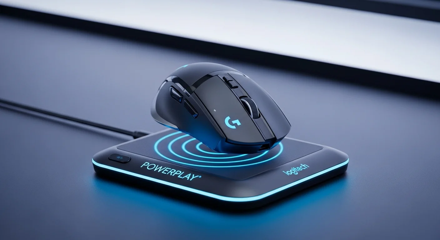 Logitech G703 cargándose de forma inalámbrica sobre la alfombrilla POWERPLAY, mostrando el ecosistema tecnológico de Logitech para computadoras.