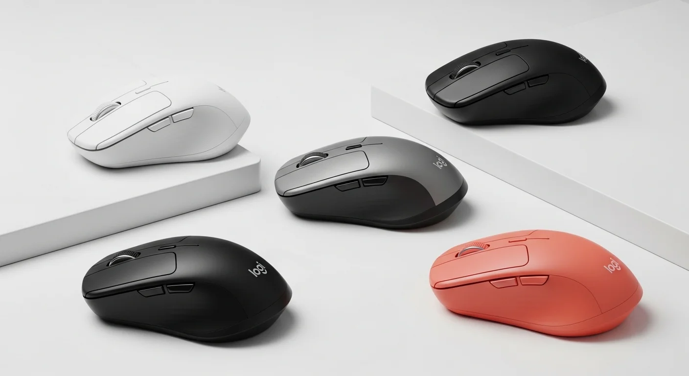 Varios mouses Logitech M170 en diferentes colores, mostrando la variedad disponible para personalizar el espacio de trabajo con computadoras.