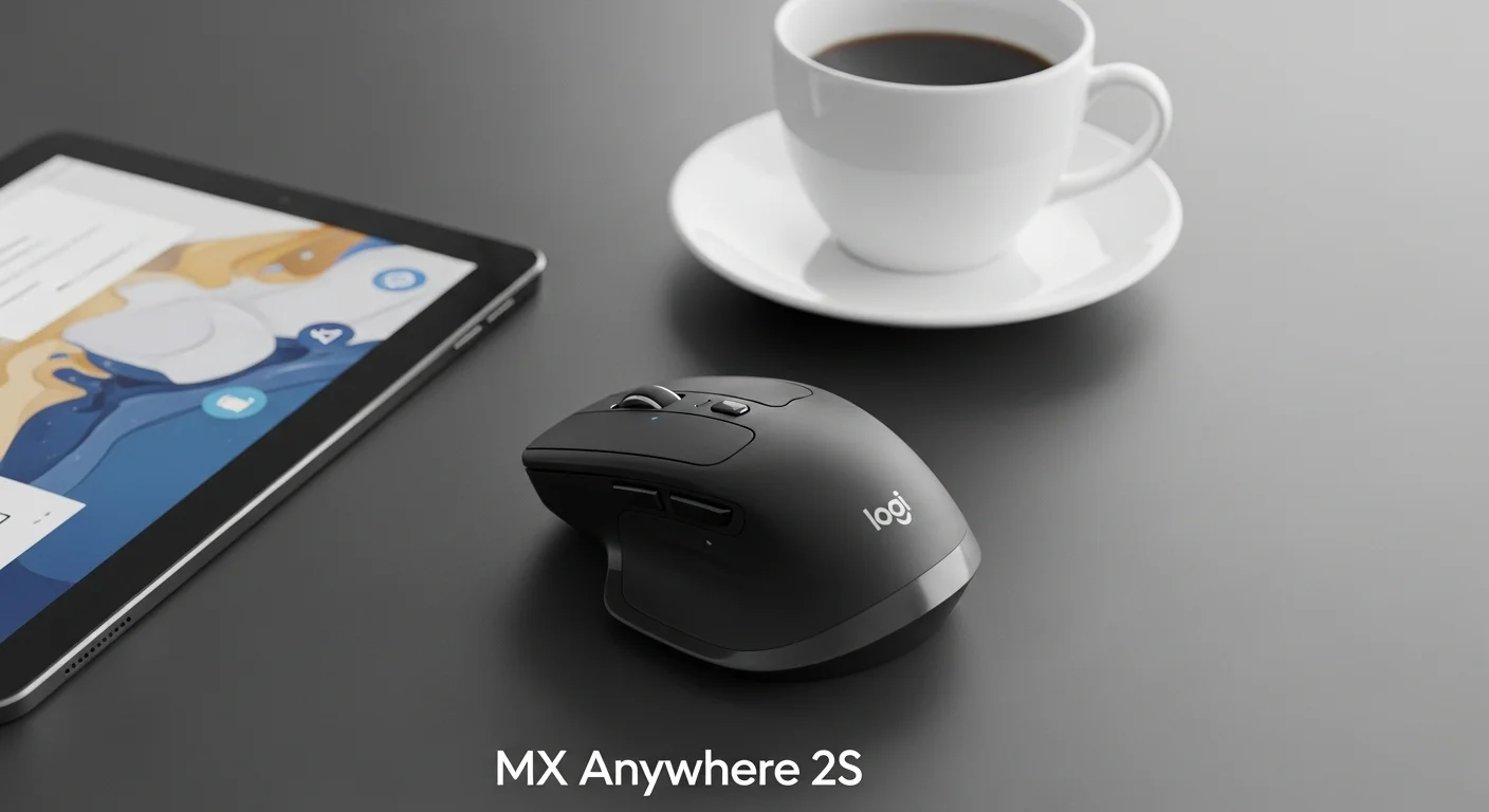El ratón Logitech MX Anywhere 2S junto a una tablet y un café, destacando su uso en movilidad y su conexión con distintos dispositivos y computadoras.