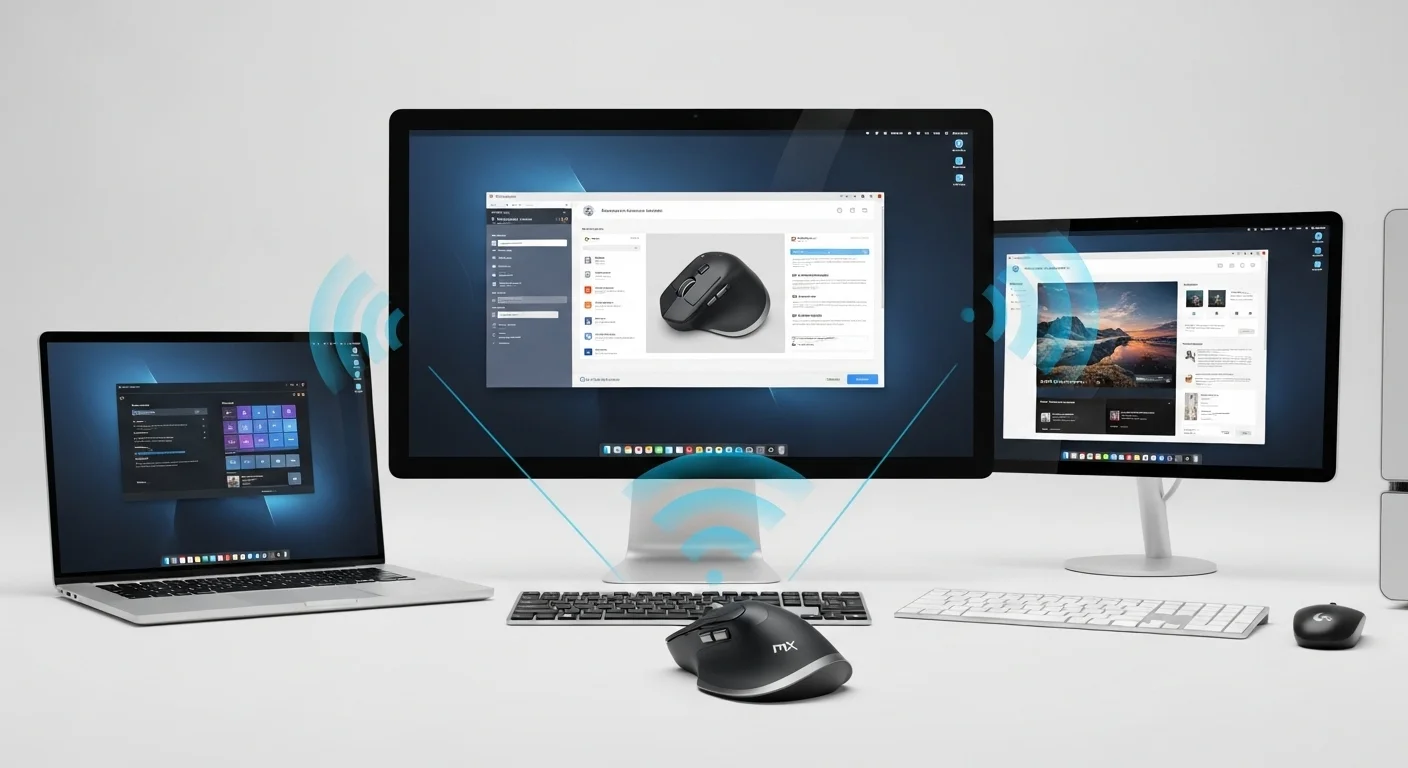 Ilustración de la tecnología Logitech Flow, con un ratón MX Master 3S controlando tres computadoras diferentes simultáneamente