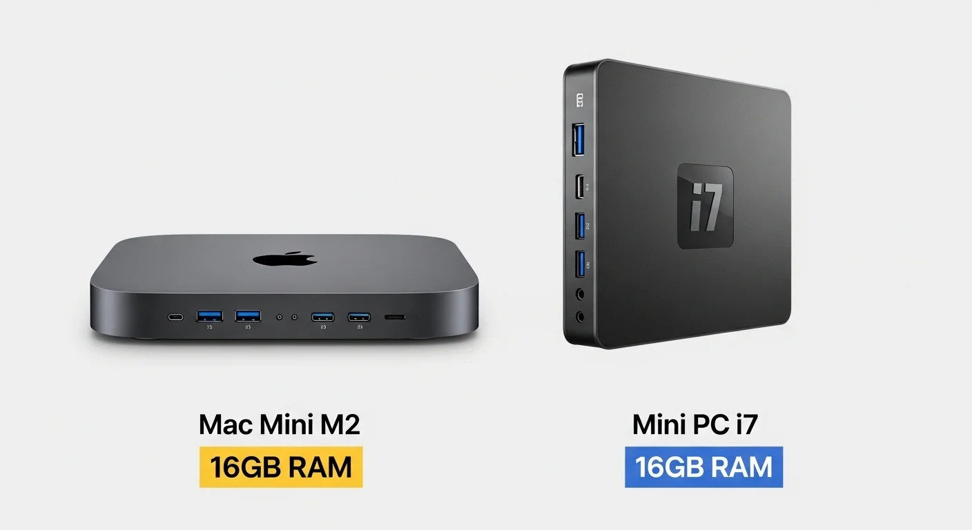 Comparativa visual entre un Mac Mini M2 y un mini pc con procesador i7, ambos con 16gb de ram, destacando sus diseños y puertos.