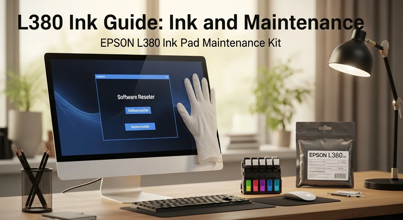 Kit de mantenimiento para la almohadilla de tinta epson l380, mostrando el reseteador de software en una pantalla y guantes, simbolizando la solución de problemas.
