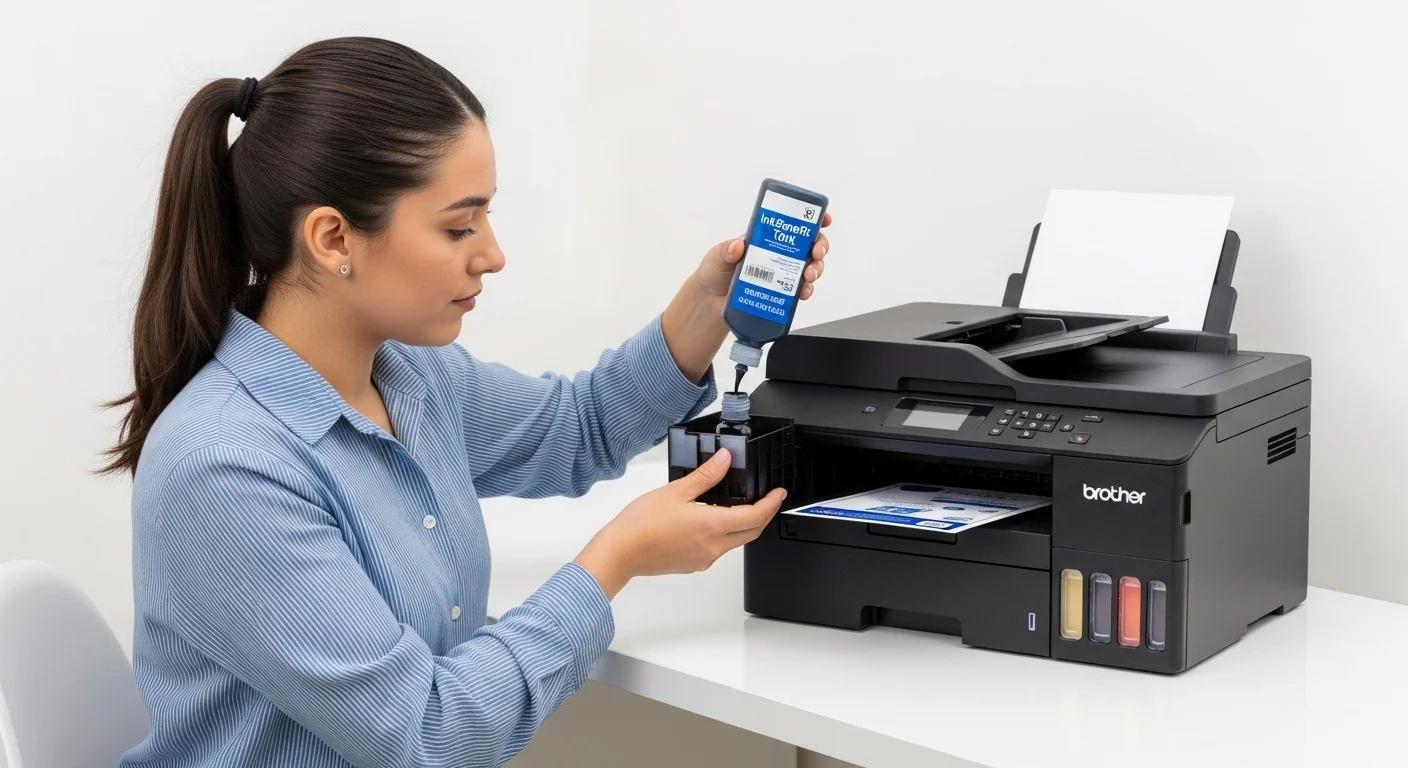 Una persona recargando cuidadosamente el tanque de tinta de una impresora brother dcp t520w, mostrando la facilidad del sistema InkBenefit Tank.