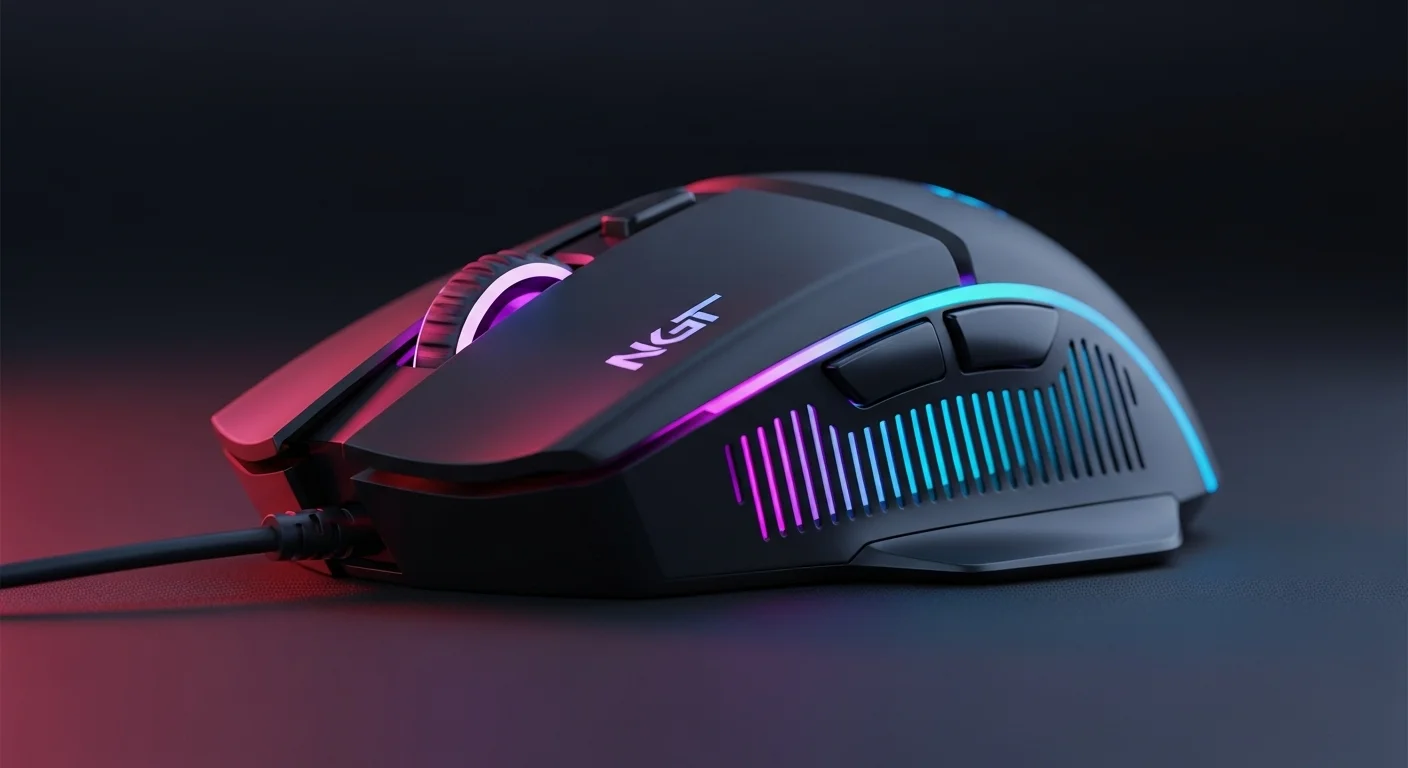 Un primer plano de un mouse gamer inalámbrico con iluminación RGB, destacando su diseño agresivo y botones personalizables.